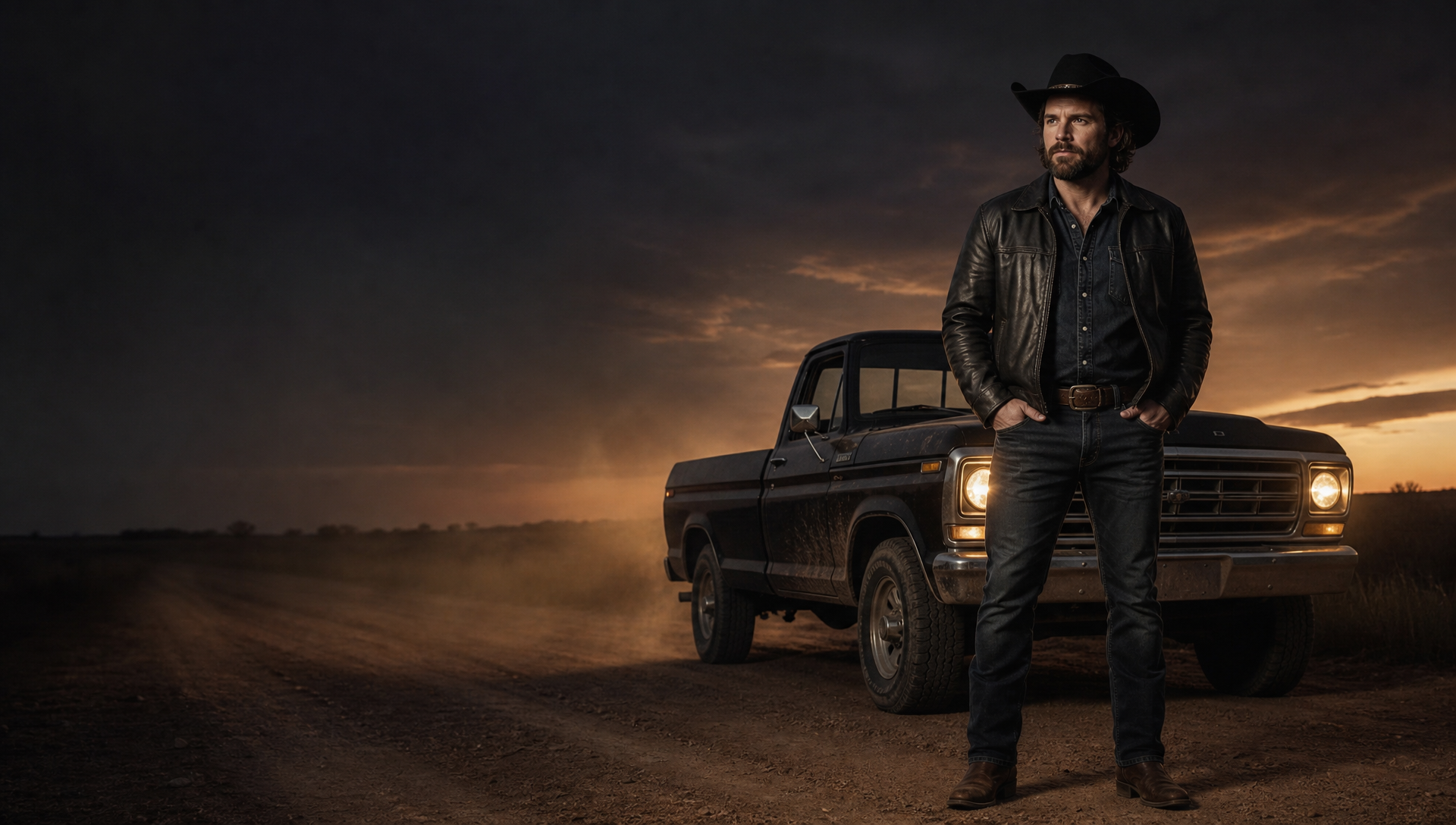 Clank Williams standing beside a vintage pickup beneath a dramatic prairie sky